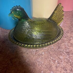 Green Glass Hen on Nest Dish